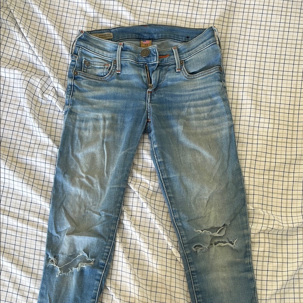 True Religion Blue Skinny Jeans with Distressed Details